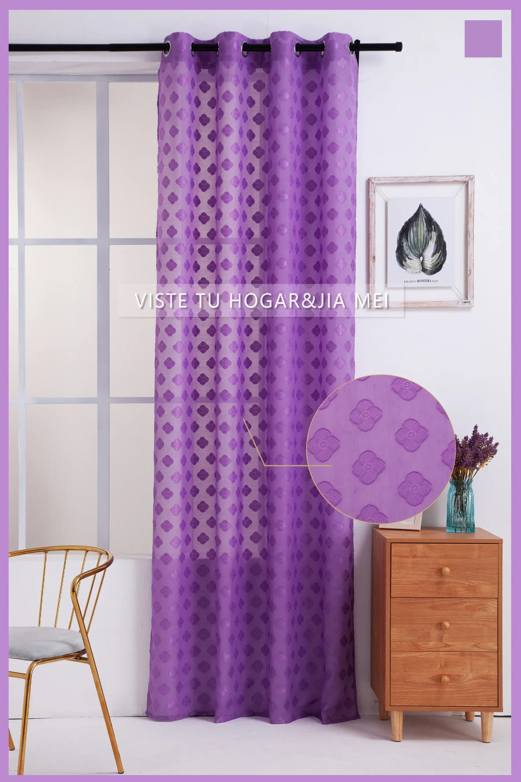 Cortina De Visillo Lino Y Poliéster Con Diseño De Trebol De Cuatro Hojas