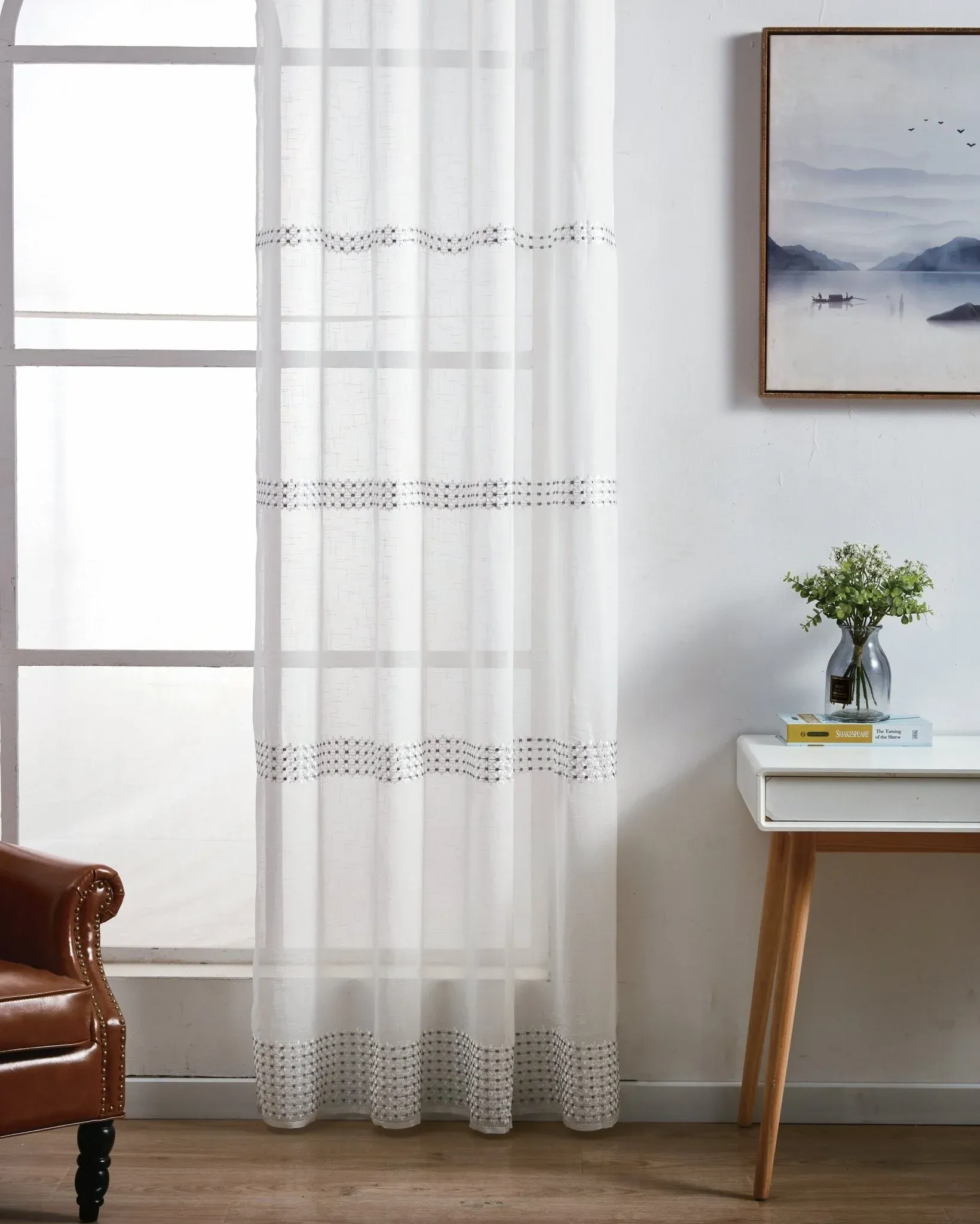 Cortina De Tela Semitranslúcido Lino Y Poliéster Con Encaje 150x260cm