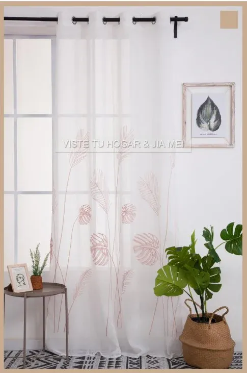 Cortina De Visillo Transparente Con Bordado De Hoja Monstera Poliéster 150x260cm