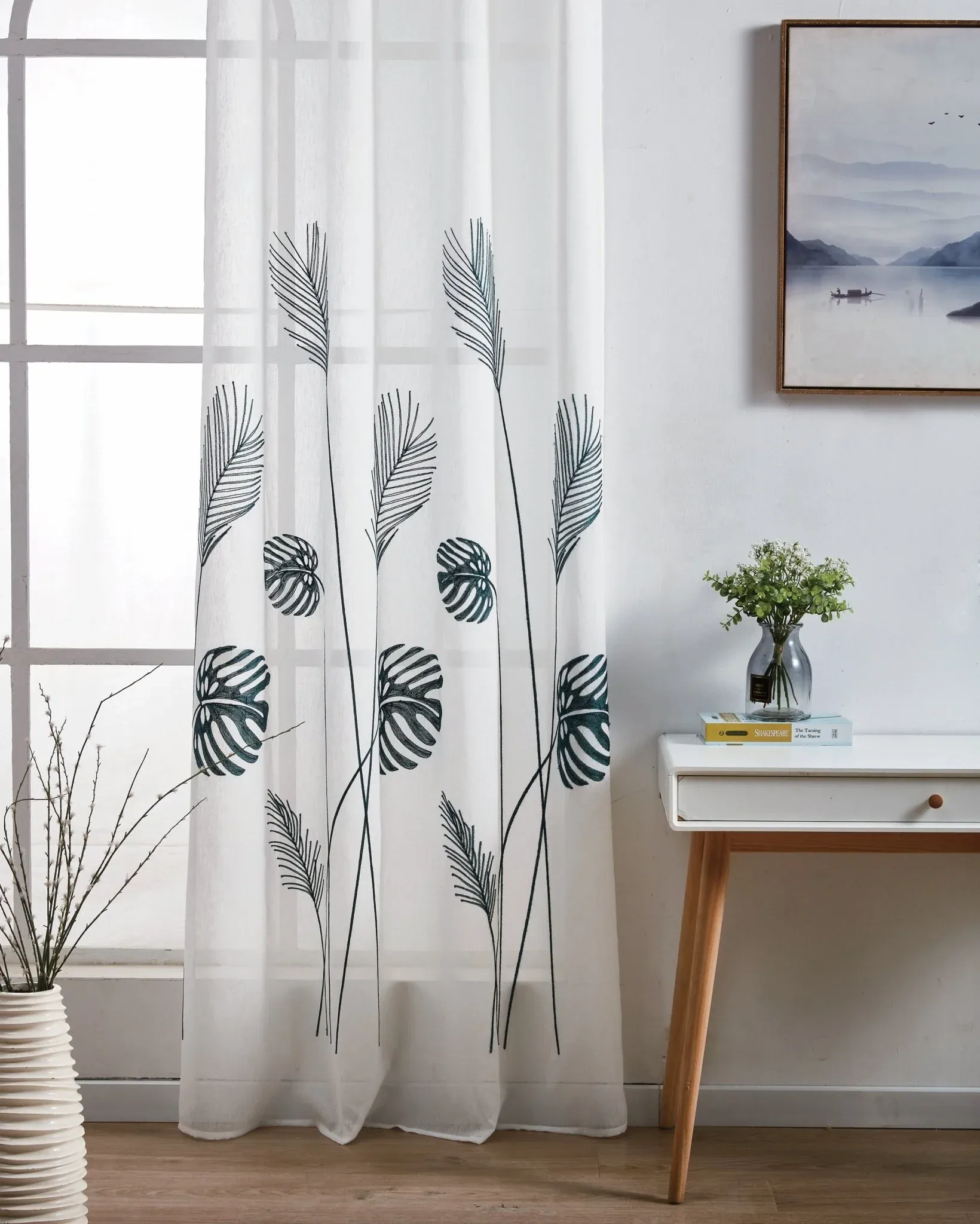 Cortina De Visillo Transparente Con Bordado De Hoja Monstera Poliéster 150x260cm - Imagen 5