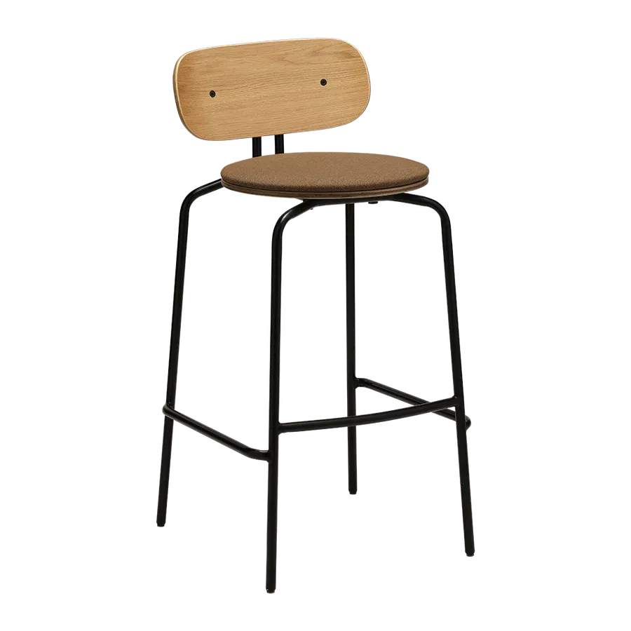 Taburete alto Curious en madera de roble y acero tapizado Sugar Brown